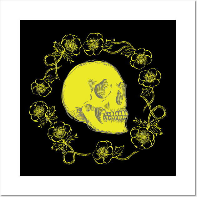 Skulls and Anemones Neon Yellow Bright Wall Art by Cecilia Mok